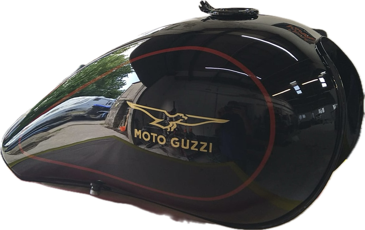 Moto Guzzi fuel tank in gloss black with red coachline and gold badge